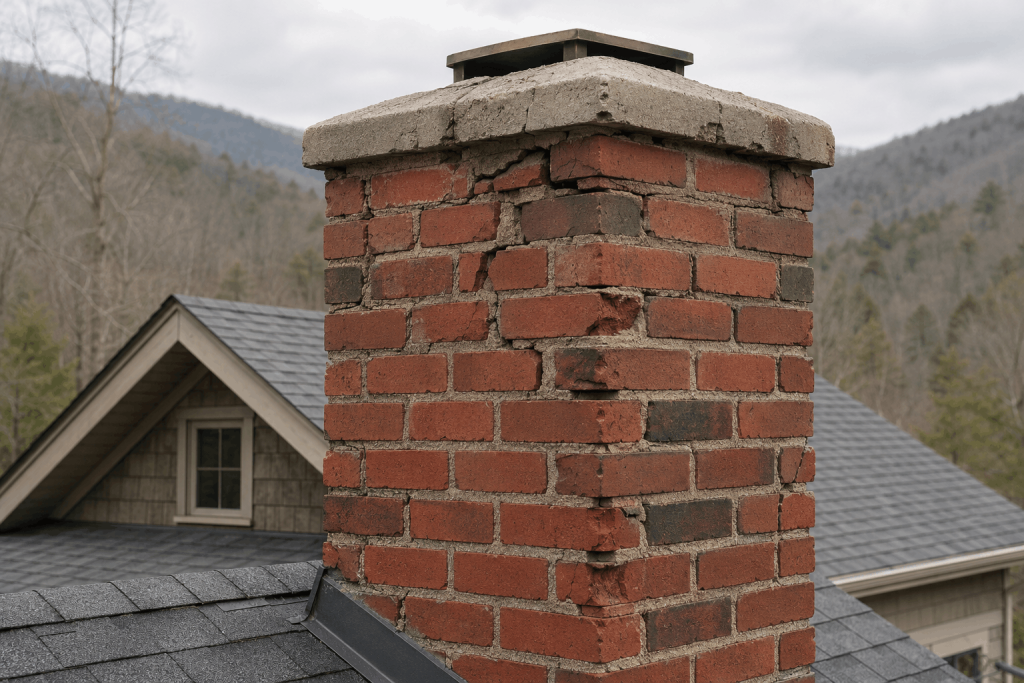Brick chimney under repair against a blue sky